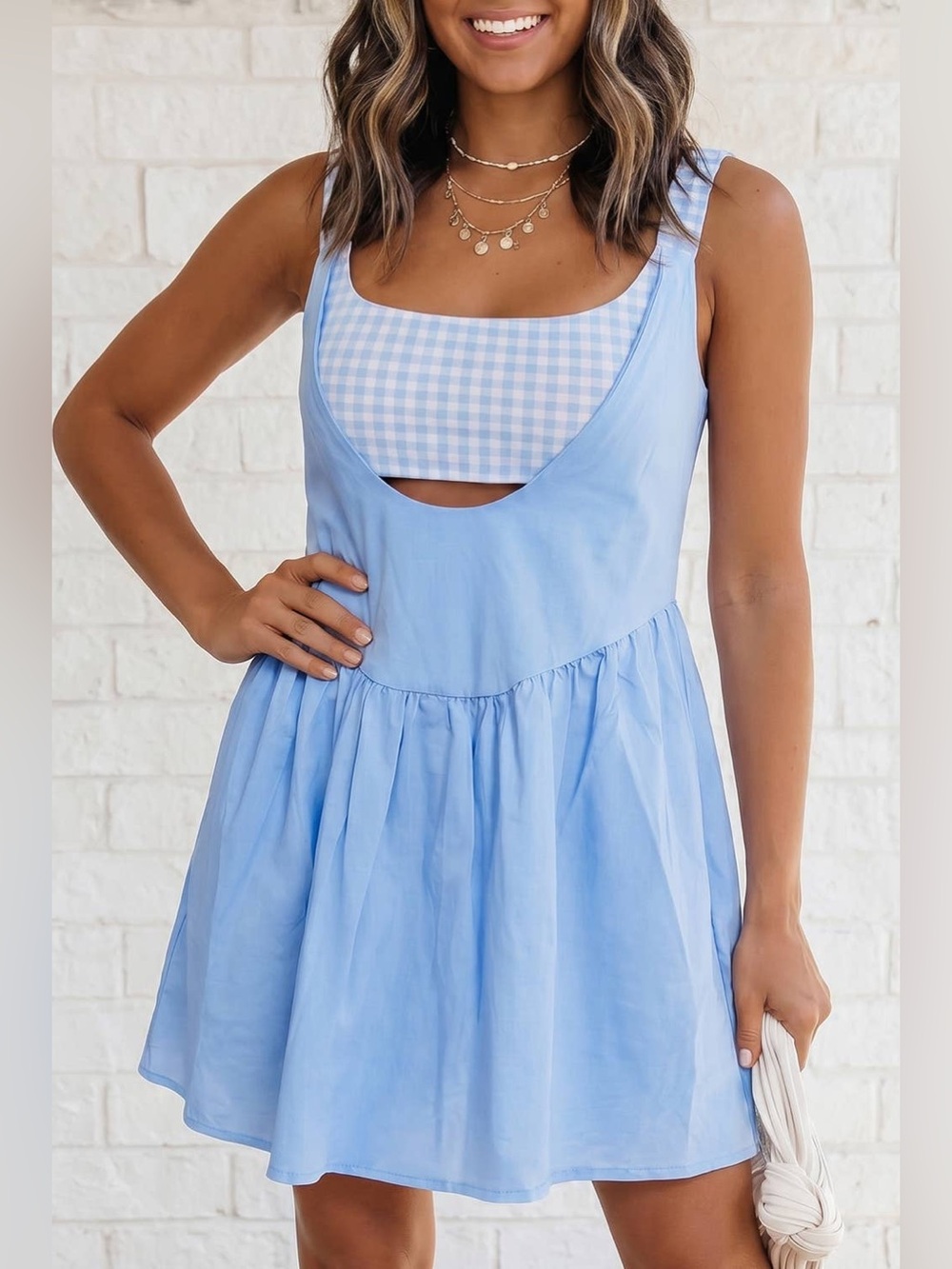 Light Blue Mini Dress with Gingham Bodice Detail